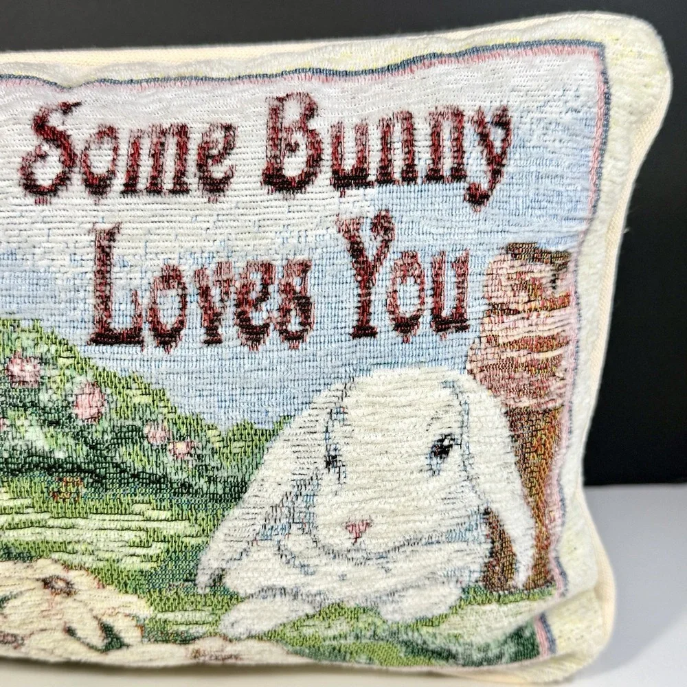 Some Bunny Loves You Bunny Rabbit Tapestry Decorative‎ Pillow Spring Easter 12x8